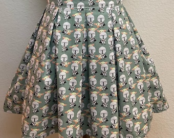 Handmade Skirt with POCKETS! Printed Pleated High Waisted Skater Skirt Made with Star Wars Mando and Grogu Mandalorian Fabric