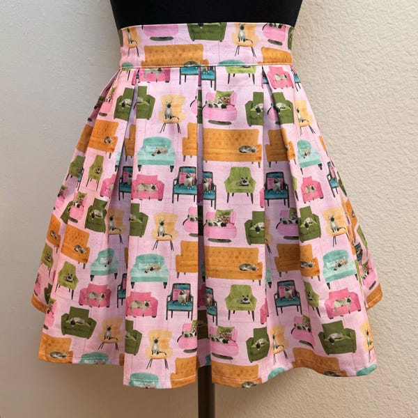 Handmade Skirt with POCKETS! Printed Pleated High Waisted Skater Skirt Made with Couch Cats Fabric