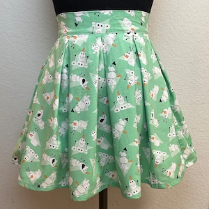 Handmade Skirt with POCKETS! Printed Pleated High Waisted Skater Skirt Made with Frozen Olaf Fabric
