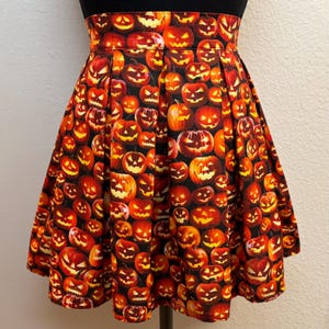 Handmade Skirt with POCKETS! Printed Pleated High Waisted Skater Skirt Made with Halloween Jack O Lantern Pumpkins Fabric