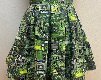 Handmade Skirt with POCKETS! Printed Pleated High Waisted Skater Skirt Made with Circuit Board Fabric