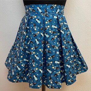 Handmade Skirt with POCKETS! Printed Pleated High Waisted Skater Skirt Made with Glow in the Dark Rockets Space Ship Fabric