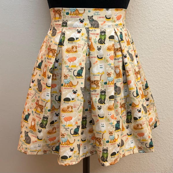 Large Handmade Skirt with POCKETS! Printed Pleated High Waisted Skater Skirt Made with Cat Breeds Fabric