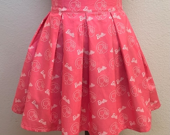 Handmade Skirt with POCKETS! Printed Pleated High Waisted Skater Skirt Made with Barbie Silohuette Fabric