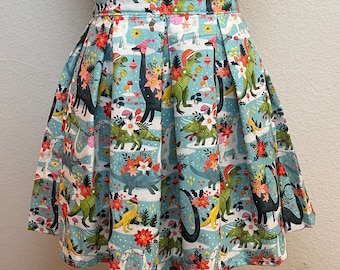 Handmade Skirt with POCKETS! Printed Pleated High Waisted Skater Skirt Made with Christmas Dinosaurs Fabric