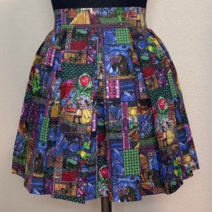 Handmade Skirt with POCKETS! Printed Pleated High Waisted Skater Skirt Made with Beauty and the Beast Stained Glass Disney Fabric