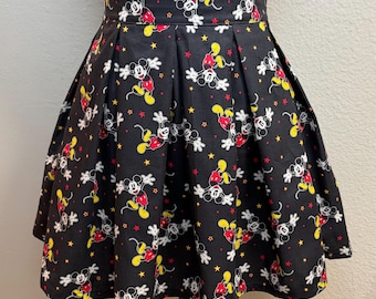 XS Handmade Skirt with POCKETS! Printed Pleated High Waisted Skater Skirt Made with Disney Mickey Mouse Black Fabric