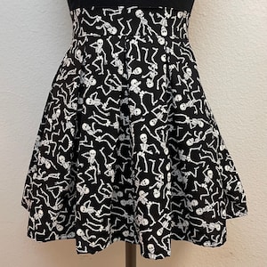 Handmade Skirt with POCKETS! Printed Pleated High Waisted Skater Skirt Made with Glow in the Dark Halloween Skeletons Fabric