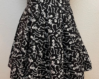 Handmade Skirt with POCKETS! Printed Pleated High Waisted Skater Skirt Made with Glow in the Dark Halloween Skeletons Fabric