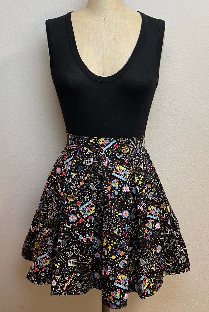 Handmade Skirt with POCKETS Printed Pleated High Waisted Skater Skirt Made with Colorful Chemistry Beakers and Equations Fabric image 2