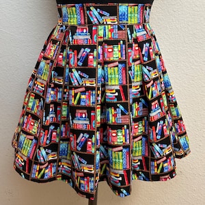 Handmade Skirt with POCKETS! Printed Pleated High Waisted Skater Skirt Made with Colorful Books Fabric