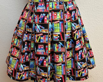 Handmade Skirt with POCKETS! Printed Pleated High Waisted Skater Skirt Made with Colorful Books Fabric