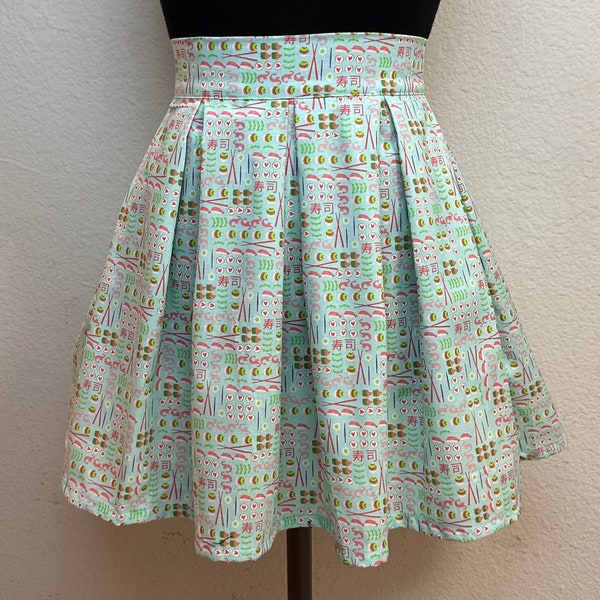 Medium Handmade Skirt with POCKETS! Printed Pleated High Waisted Skater Skirt Made with Blue Sushi Fabric