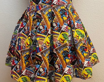 Handmade Skirts with POCKETS! Printed Pleated High Waisted Skater Skirt Made with DC Comics Superman Comic Book Fabric