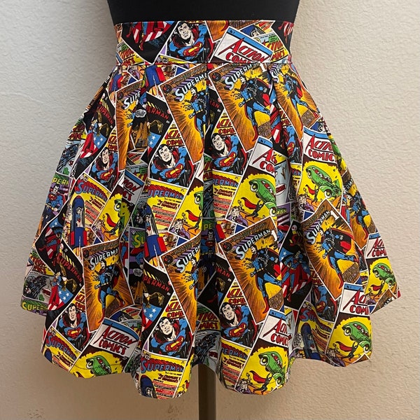 Jupes faites à la main avec POCHES ! Jupe patineuse taille haute plissée imprimée en tissu DC Comics Superman Comic Book