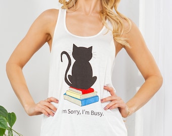 I’m Sorry I’m Busy Cat on Books Printed Flowy Racer Back Tank Top