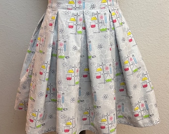 Handmade Skirt with POCKETS! Printed Pleated High Waisted Skater Skirt Made with Grey Chemistry Beakers Fabric