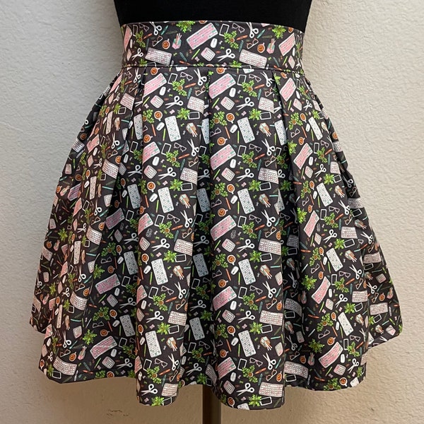 Handmade Skirt with POCKETS! Printed Pleated High Waisted Skater Skirt Made with Keyboards Office Supplies Fabric