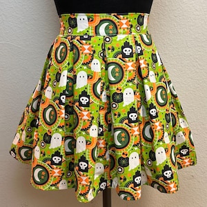 Medium Handmade Skirt with POCKETS! Printed Pleated High Waisted Skater Skirt Made with Green Ghost Fabric