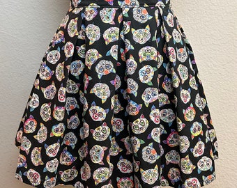 Handmade Skirt with POCKETS! Printed Pleated High Waisted Skater Skirt Made with Sugar Skull Cat Halloween Fabric