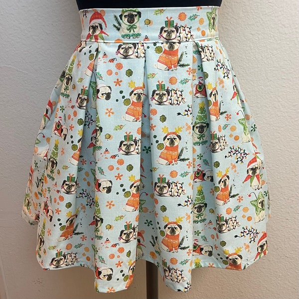 Handmade Skirt with POCKETS! Printed Pleated High Waisted Skater Skirt Made with Grumpy Bah Hum Pug Christmas Fabric