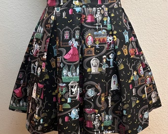 Handmade Skirt with POCKETS! Printed Pleated High Waisted Skater Skirt Made with Black Haunted Mansion Fabric