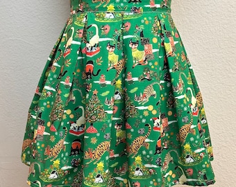 Handmade Skirt with POCKETS! Printed Pleated High Waisted Skater Skirt Made with Grumpy Christmas Cats Fabric