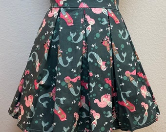 Handmade Skirt with POCKETS! Printed Pleated High Waisted Skater Skirt Made with Mermaid Fabric