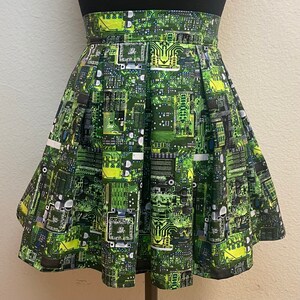 Handmade Printed Pleated High Waisted Skater Skirt Made with Circuit Board Fabric