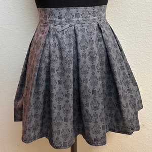 Handmade Skirt with POCKETS! Printed Pleated High Waisted Skater Skirt Made with Grey Haunted Mansion Wallpaper Fabric