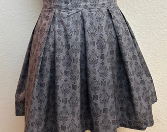 Handmade Skirt with POCKETS! Printed Pleated High Waisted Skater Skirt Made with Grey Haunted Mansion Wallpaper Fabric