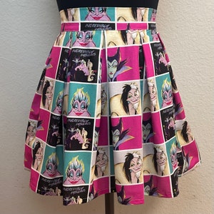 Handmade Skirt with POCKETS! Printed Pleated High Waisted Skater Skirt Made with Colorful Disney Villains Fabric