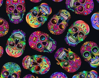 Small Handmade Skirt with POCKETS! Printed Pleated High Waisted Skater Skirt Made with Halloween Neon Sugar Skulls Fabric