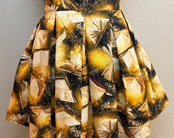 Handmade Skirt with POCKETS! Printed Pleated High Waisted Skater Skirt Made with Gold Book Fabric