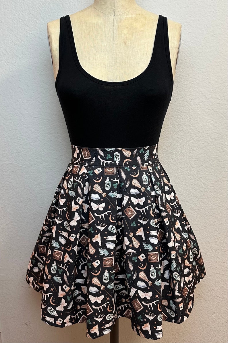 Handmade Skirt with POCKETS Printed Pleated High Waisted Skater Skirt Made with Halloween Witches Tools Fabric image 2