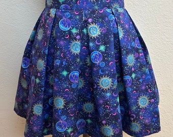 Handmade Skirt with POCKETS! Printed Pleated High Waisted Skater Skirt Made with Purple and Blue Celestial Space Fabric