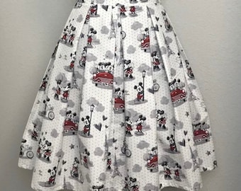 Handmade Skirt with POCKETS! Printed Pleated High Waisted Skater Skirt Made with Mickey and Minnie in Paris Fabric