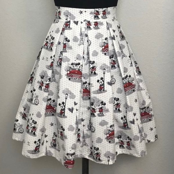 Handmade Skirt with POCKETS! Printed Pleated High Waisted Skater Skirt Made with Mickey and Minnie in Paris Fabric