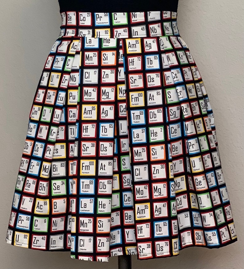 Handmade Skirt with POCKETS Printed Pleated High Waisted Skater Skirt Made with Colorful Chemistry Periodic Table Fabric image 1