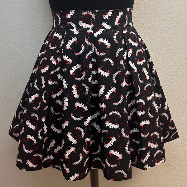 Handmade Skirt with POCKETS! Printed Pleated High Waisted Skater Skirt Made with Vampire Fangs Halloween Fabric