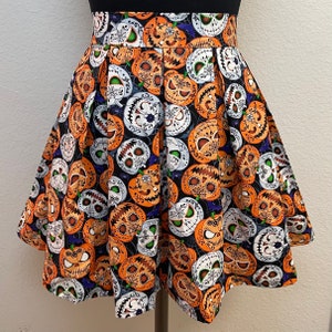 Handmade Skirt with POCKETS! Printed Pleated High Waisted Skater Skirt Made with Glow in the Dark Jack o Lantern Fabric