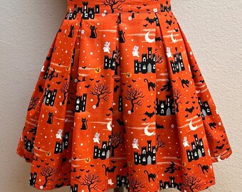 Handmade Skirt with POCKETS! Printed Pleated High Waisted Skater Skirt Made with Orange and Black Haunted House Halloween Fabric