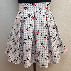 Handmade Skirt with POCKETS! Printed Pleated High Waisted Skater Skirt Made with Gingham Mickey and Minnie Fabric