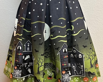 Handmade Skirt with POCKETS! Printed Pleated High Waisted Knee Length Skater Skirt Made with Glow in the Dark Halloween Border Fabric