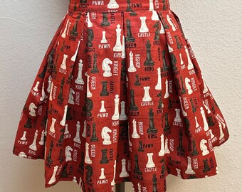 Handmade Skirt with POCKETS! Printed Pleated High Waisted Skater Skirt Made with Chess Pieces Fabric