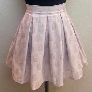 Handmade Skirt with POCKETS! Printed Pleated High Waisted Skater Skirt Made with Metallic Gold Disney Castle Fabric
