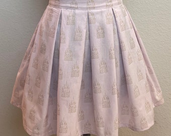 Handmade Skirt with POCKETS! Printed Pleated High Waisted Skater Skirt Made with Metallic Gold Disney Castle Fabric