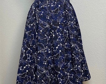 Handmade Skirt with POCKETS! Printed Pleated High Waisted Skater Skirt Made with Glow in the Dark Constellations Space Fabric