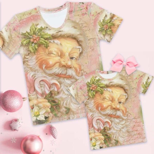 Cute Pink Vintage Santa Claus Mommy and Me T-Shirt - Perfect for Christmas Matching Outfits - All Over Print, Holiday Fashion, Retro Santa