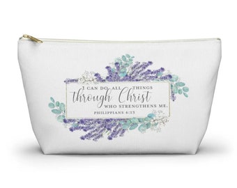 I Can Do All Things Through Christ Makeup Accessory Pouch, Vintage lavender, Philippians 4:13, Sewing, Cosmetic, Pencil, Bridesmaid Gift